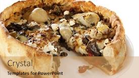  Presentation with chicago - Theme consisting of chicago style deep dish pizza topped with artichokes olives peppers feta and mozzarella cheeses background and a yellow colored foreground