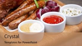  Presentation with sauces - Presentation consisting of pig chicken - appetizer in the bar background and a coral colored foreground