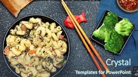  Presentation with table setting - Beautiful PPT theme featuring chicken alfredo and broccoli meal backdrop and a  colored foreground