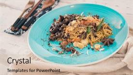  Presentation with asian noodle soup in a - Theme consisting of chicken and black mushrooms coriander background and a  colored foreground