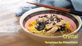  Presentation with noodles - Theme enhanced with chicken and black mushrooms coriander background and a  colored foreground