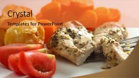  Presentation with breast - Slide set enhanced with chicken breast baked with herbs being cut the meal also features carrots roast potatoes and sliced tomato background and a gold colored foreground