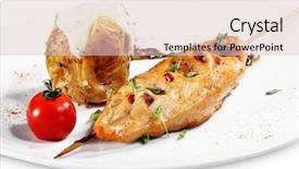  Presentation with kebab - Amazing slide set having chicken breasts shish kebab served with roast potatoes and cherry tomato isolated on white background backdrop and a lemonade colored foreground