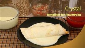  Presentation with dip - Cool new theme with chicken burrito in plate covered in cheese dip in kitchen or restaurant backdrop and a tawny brown colored foreground