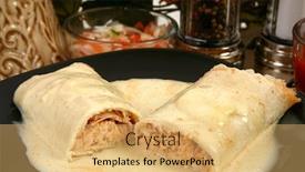  Presentation with dip - Cool new PPT layouts with chicken burrito in plate covered in cheese dip in kitchen or restaurant backdrop and a yellow colored foreground