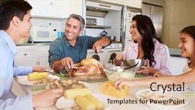  Presentation with teachers working around a table - Beautiful slide deck featuring chicken dinner - family sitting around table backdrop and a coral colored foreground