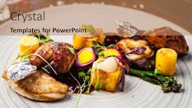  Presentation with modern food - Presentation with chicken-fillet-jerusalem-artichoke-puree background and a coral colored foreground