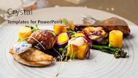  Presentation with modern food - Slide deck with chicken-fillet-jerusalem-artichoke-puree background and a coral colored foreground