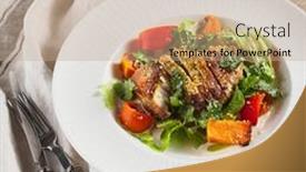  Presentation with table napkin - Slide deck with chicken-fillet-with-baked-vegetable background and a coral colored foreground