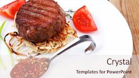  Presentation with green plate - Presentation theme consisting of chicken free - grilled beef fillet pieces background and a  colored foreground