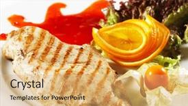  Presentation with orange slice - Theme enhanced with home cooked food - chicken grilled steak with sauce background and a yellow colored foreground