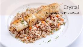  Presentation with white plate - Presentation design enhanced with chicken-kebab-with-buckwheat background and a coral colored foreground