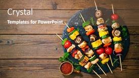  Presentation with mushrooms - Presentation design having chicken-kebabs-on-skewers background and a coral colored foreground