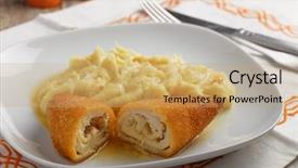  Presentation with potato - Amazing PPT theme having chicken kiev with mashed potato on a rustic table backdrop and a coral colored foreground