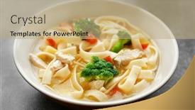  Presentation with noodle - Slides having chicken noodle soup in bowl on grey background background and a coral colored foreground