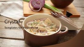  Presentation with noodle - Audience pleasing theme consisting of chicken noodle soup in pot backdrop and a coral colored foreground