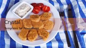  Presentation with nuggets - Colorful slides enhanced with chicken nuggets with sauce on table close-up backdrop and a red colored foreground