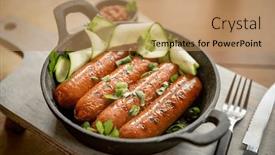  Presentation with bbq chicken - PPT theme consisting of chicken-or-pork-sausages-served background and a coral colored foreground