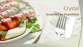  Presentation with bbq chicken - PPT theme enhanced with chicken-or-pork-sausages-served background and a sky blue colored foreground