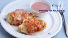  Presentation with served - Presentation consisting of chicken-parmigiana-served-with-tomato background and a sky blue colored foreground