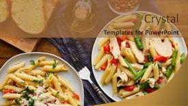  Presentation with penne pasta - PPT theme featuring chicken penne pasta with red bell peppers and asparagus top down photo background and a red colored foreground
