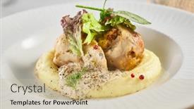  Presentation with white plate - PPT theme enhanced with chicken-roll-with-mashed-potato background and a soft green colored foreground