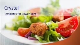  Presentation with food chicken - PPT layouts enhanced with chicken salad with cherry tomatoes cucumber red onion lettuce and leek home made food concept for a tasty and healthy meal bright wooden background close up background and a sky blue colored foreground