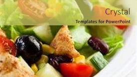  Presentation with kidney bean - Colorful PPT layouts enhanced with chicken salad with cherry tomatoes black olives kidney bean sweet corn cucumber and ice lettuce home made food concept for a tasty and healthy meal close up backdrop and a yellow colored foreground