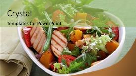  Presentation with roasted chicken - Audience pleasing presentation consisting of chicken salad with roasted vegetables backdrop and a yellow colored foreground