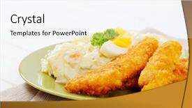  Presentation with green plate - Theme with chicken schnitzels with potato salad on green plate - close up background and a sky blue colored foreground