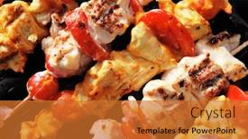  Presentation with bbq chicken - PPT layouts enhanced with chicken shish kebab on bbq grill in sauce on skewers with tomatoes and peppers background and a gold colored foreground