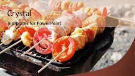  Presentation with bbq chicken - Colorful presentation theme enhanced with chicken shish kebab on bbq grill in sauce on skewers with tomatoes and peppers backdrop and a coral colored foreground