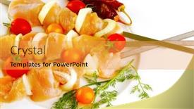  Presentation with kebab - Audience pleasing slide set consisting of photo of tiramisu cooking biscuits coffee cups cheese on wooden table backdrop and a gold colored foreground.