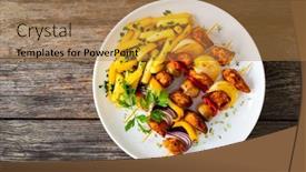  Presentation with grilled chicken - Slide set consisting of chicken-skewers-grilled-meat background and a coral colored foreground