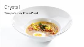  Presentation with poultry meat - Amazing PPT theme having chicken-soup-with-tagliatelle-pasta backdrop and a white colored foreground