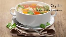  Presentation with soup - Presentation design enhanced with chicken soup with vegetables background and a coral colored foreground
