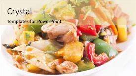  Presentation with sweet - Audience pleasing theme consisting of chicken sweet sour with vegetable backdrop and a yellow colored foreground