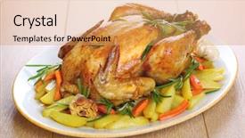  Presentation with roasted chicken - Audience pleasing PPT theme consisting of chicken with vegetables and rosemary backdrop and a yellow colored foreground