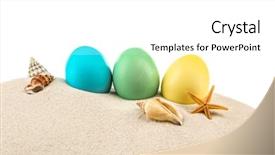  Presentation with white easter lily flowers - Audience pleasing presentation consisting of chickenjoy - easter eggs with sand backdrop and a white colored foreground