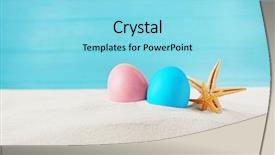  Presentation with blue aged wood sign - Slide deck featuring chickenjoy - easter eggs with sand background and a arctic colored foreground