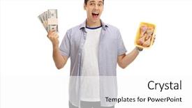  Presentation with drums - Cool new slide deck with chickenjoy - happy man holding bundles backdrop and a  colored foreground