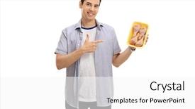  Presentation with drums - Beautiful PPT layouts featuring chickenjoy - happy young man holding backdrop and a  colored foreground