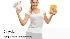 Presentation with drums - Colorful PPT theme enhanced with chickenjoy - happy young woman holding stacks backdrop and a white colored foreground