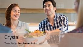  Presentation with food chicken - PPT theme having chickenjoy - man passing food bowl background and a coral colored foreground