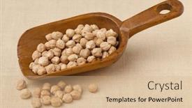  Presentation with chickpea - Presentation theme with chickpea garbanzo bean on a rustic wooden scoop against tablecloth background and a coral colored foreground