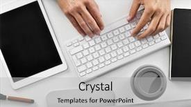  Presentation with cup coffee - Slide set with account management - high-angle shot of a businessman background and a light gray colored foreground