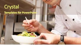  Presentation with restaurant kitchen - Audience pleasing presentation consisting of chief cook with gourmet food backdrop and a tawny brown colored foreground