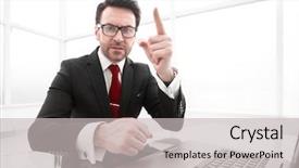  Presentation with career milestone close up - Amazing PPT theme having chief financial - close up confident businessman sitting backdrop and a light gray colored foreground