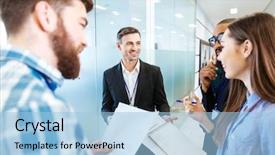  Presentation with team leader - Amazing presentation theme having chief financial - group of smiling young business backdrop and a light blue colored foreground