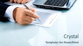  Presentation with ready - Theme with chief financial - image of businessman s hand background and a sky blue colored foreground